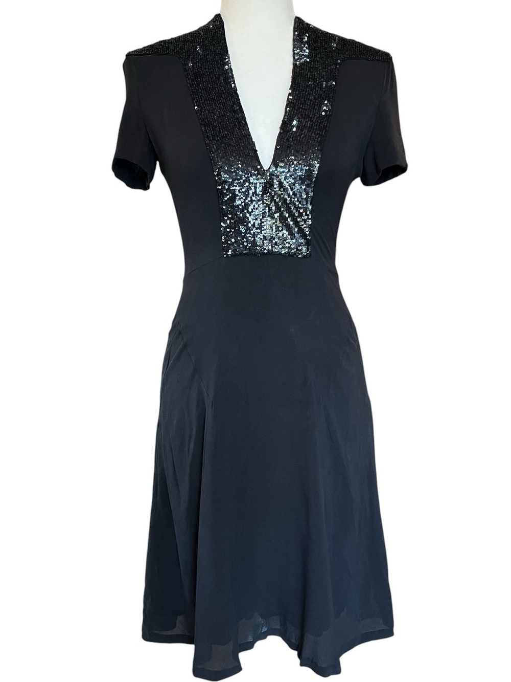 Jasmine Di Milo Black Silk Sequin A Line Dress V Neck Knee Length Womens 6